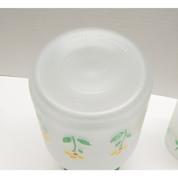 Libbey of Canada Frosted Beverage Carafe 6 Glasses Yellow Flower Telaflora 1985 - Picture 9 of 12